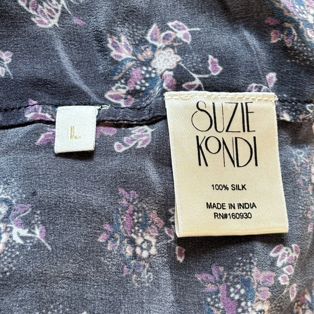 Suzie Kondi Easy Dress L Black Floral Silk Tiered Midi Boho Oversized Pockets - Picture 4 of 14